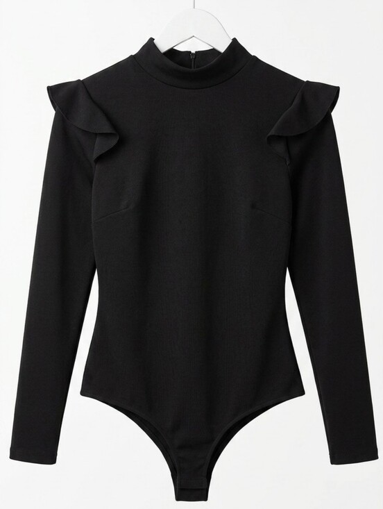 bebe Tops - Bebe Black Long Sleeve Ruffle Shoulder Bodysuit NWT